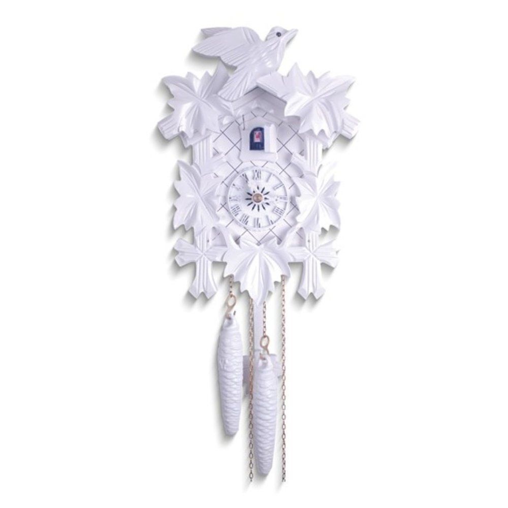 Bird with Five Leaves All White Cuckoo Clock